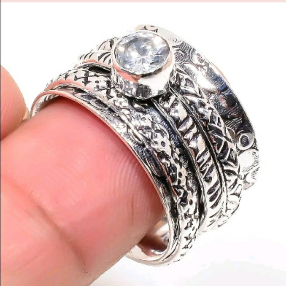 New White Topaz 925 Silver Spinner Meditation Ring.